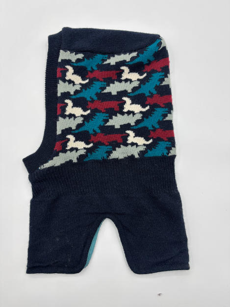 `Gebreide mouwloze hondentrui in marineblauw met abstract vogelpatroon in teal