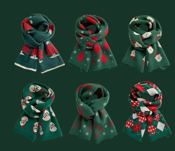 Zes gebreide kerstsjaals in groen en rood met feestelijke motieven: kerstbomen