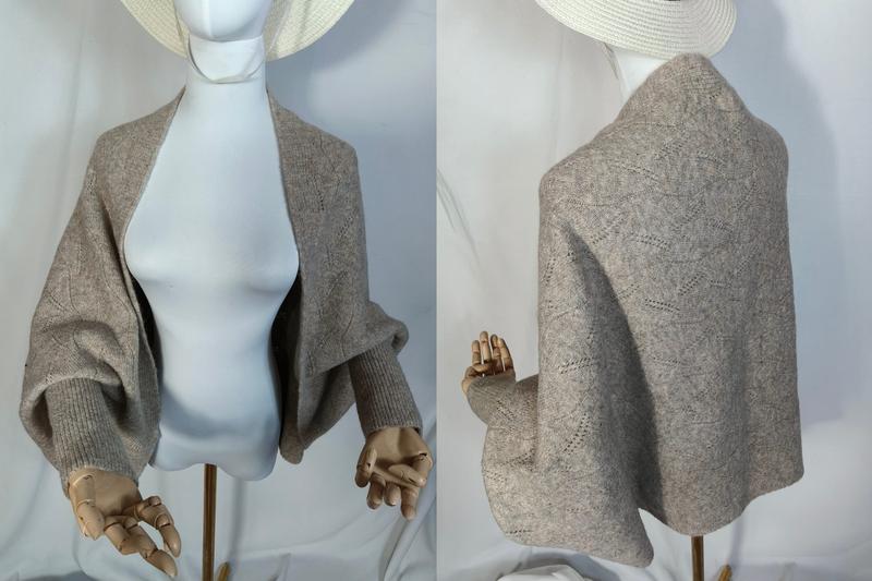 Taupe open-front cardigan shrug van kant-gebreid wolmengsel met ballonmouwen en geribbelde manchetten