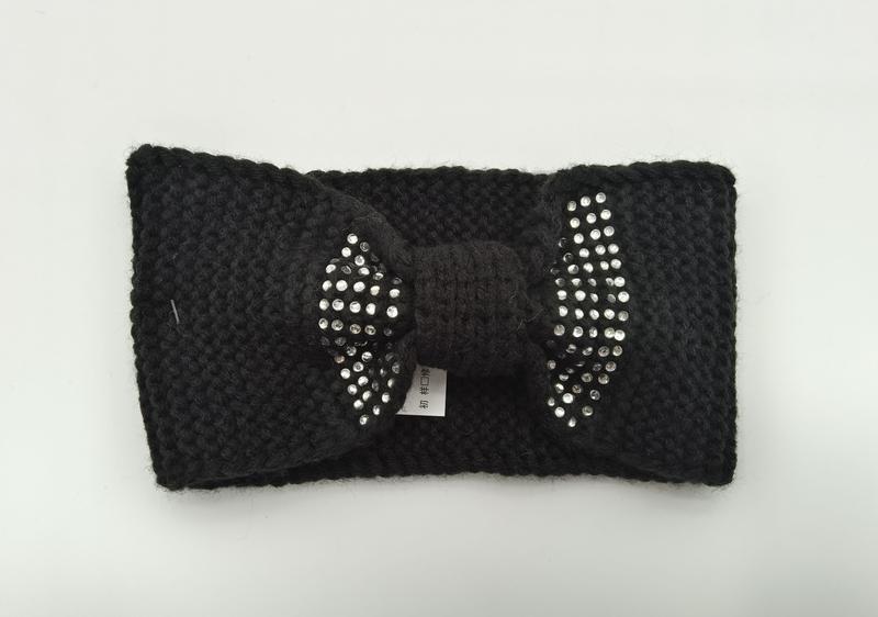 Zwarte grove gebreide hoofdband met strass-steentjes strik