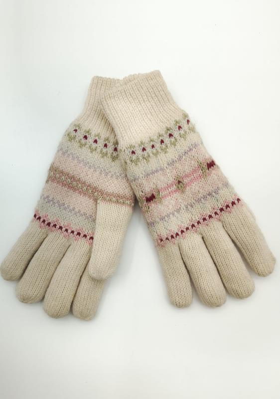 Crème gebreide Fair Isle handschoenen met roze