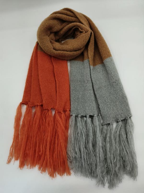 `Gebreide color block sjaal met franje in roest