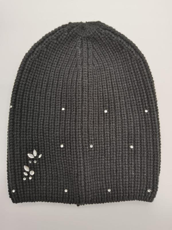 Donkergrijze grove gebreide slochy beanie met kristallen strass-steentjes