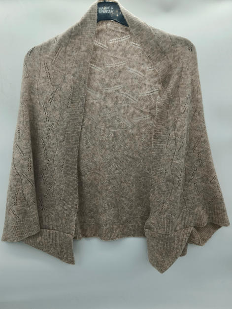 `Taupe opengewerkte shrug cardigan van fijn pointelle kant