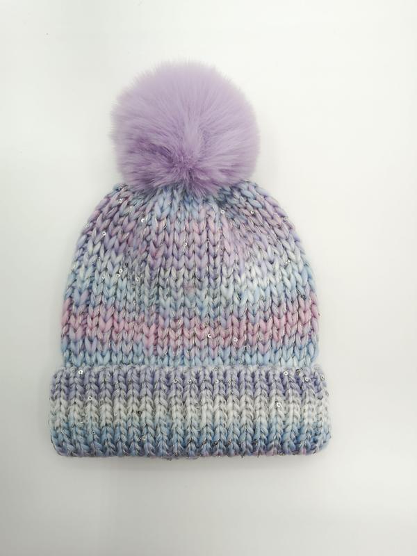 `Pastelkleurige gebreide beanie muts met kleurovergang en veelkleurige pailletten pompon`