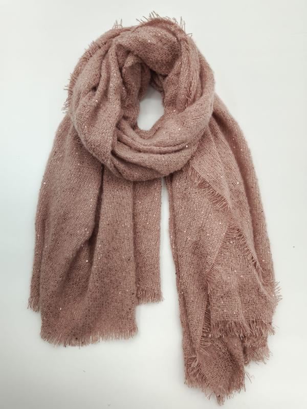 ""Dusty rose gebreide sjaal met pailletten en franjes""