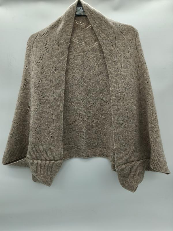 Taupe gebreid pointelle vestje met open voorkant en korte mouwen