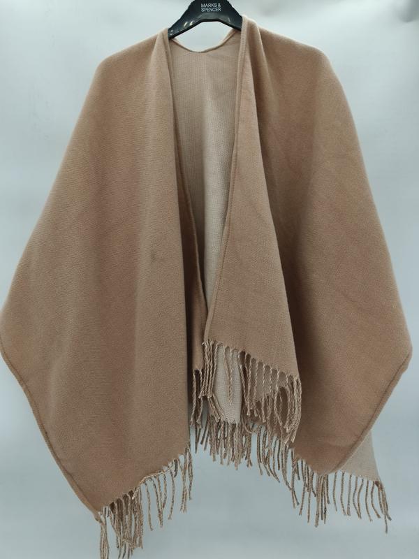 `Camel beige geweven omslagdoek met franjes
