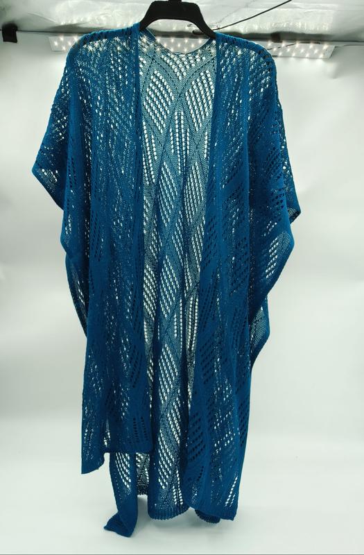 Blauwgroene open-gebreide kant kimono cardigan met golfpatroon