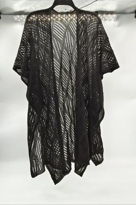 Zwarte open gehaakte kimono cardigan met diagonaal kantpatroon