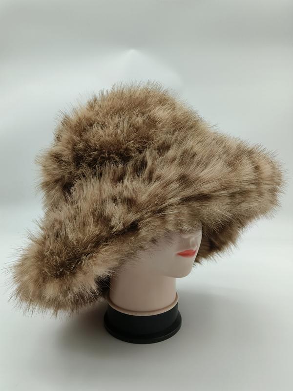 Bruine gevlekte nepbont bucket hat met brede rand