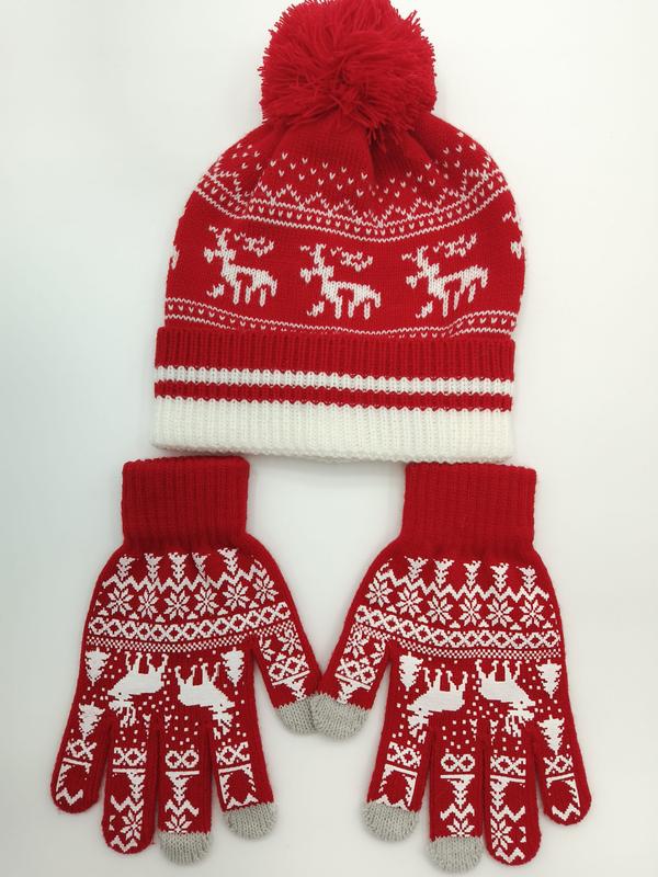 Rood-witte gebreide muts met rendierpatroon