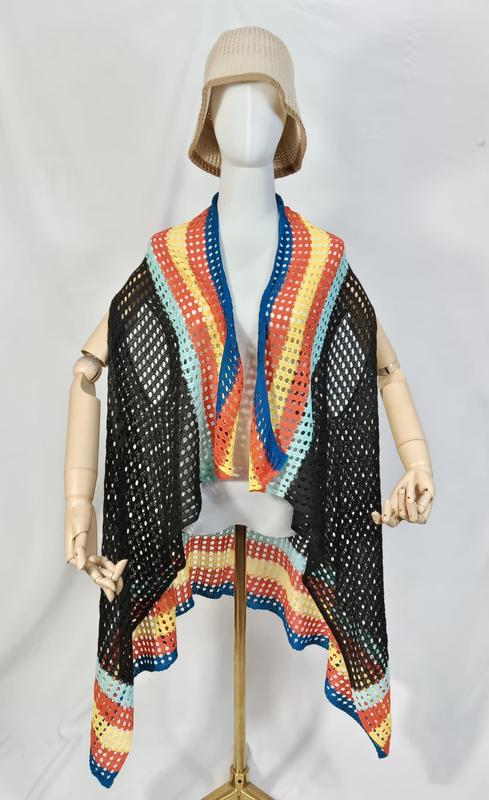 Meerkleurig gestreept open gebreid vest met blauwe