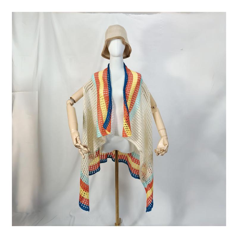 Crème gehaakte kimono-vest met open voorkant en regenboogstrepen in blauw