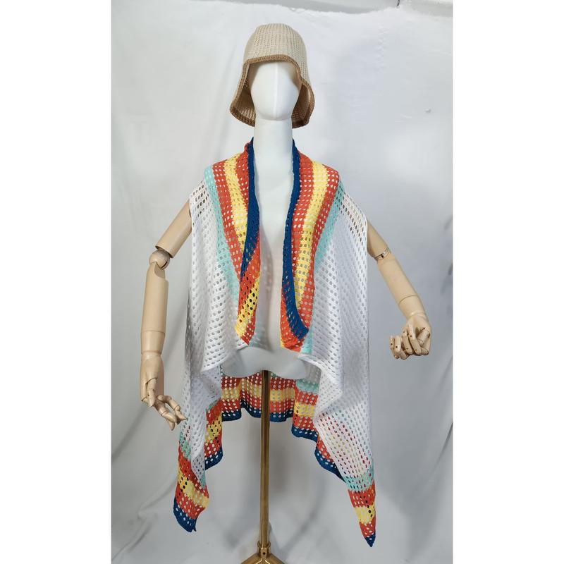 Wit gehaakt mesh kimono vest met regenboog gestreepte rand