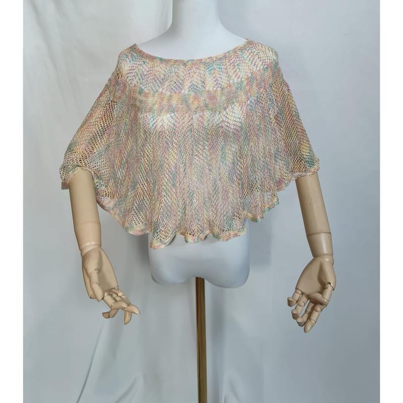 Pastel multicolor gehaakte crop poncho top met open breiwerk