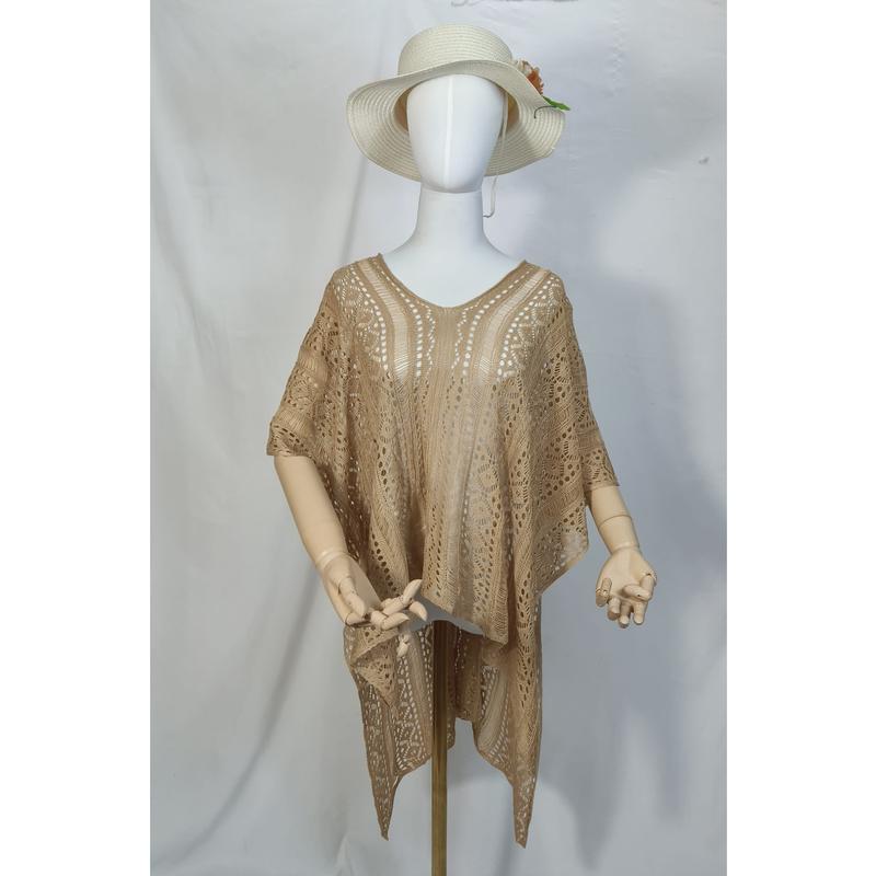 Beige gehaakte kanten kaftan tuniek met V-hals en wijde mouwen