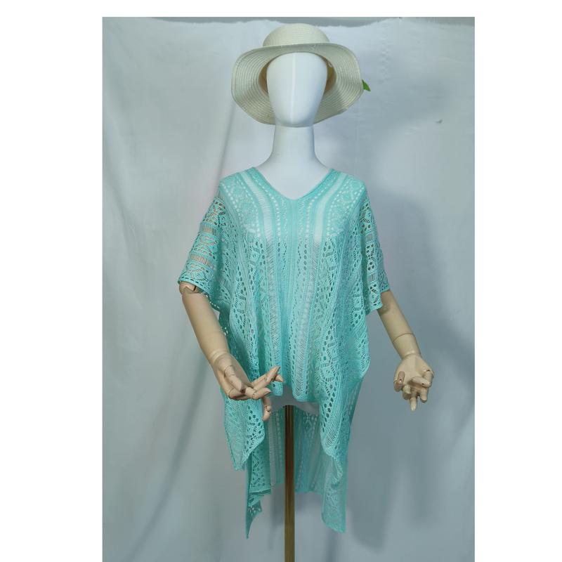 Aqua mint gehaakte kanten kaftan strandtuniek met V-hals en wijde mouwen