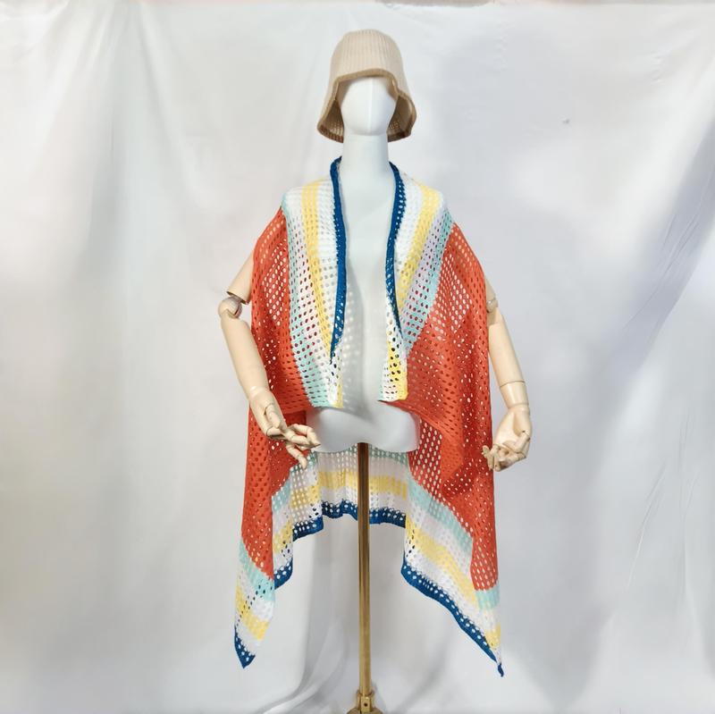 Multicolor gestreepte gehaakte open kimono wrap koraal blauw geel groothandel