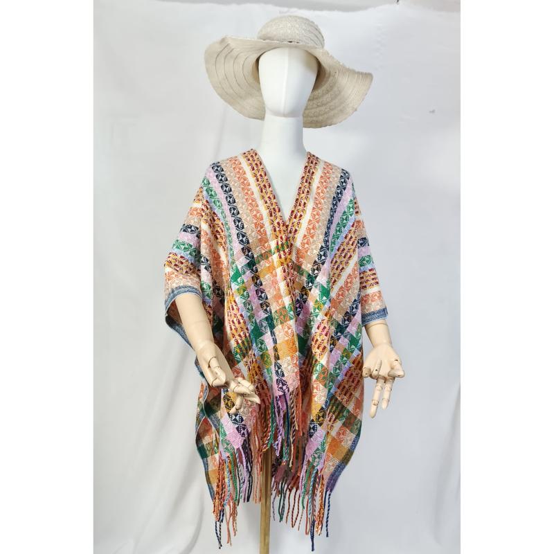 Multicolor geometrisch geweven poncho cape met franjes en V-hals in boho stijl