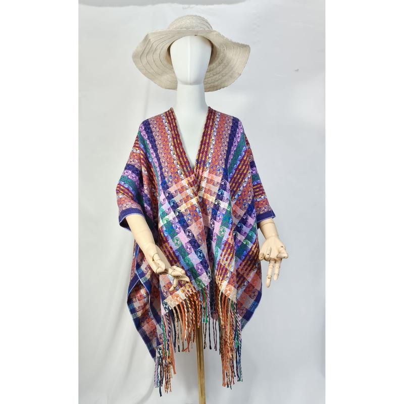 Multicolor geometrische geweven poncho met franjes en boho-patroon