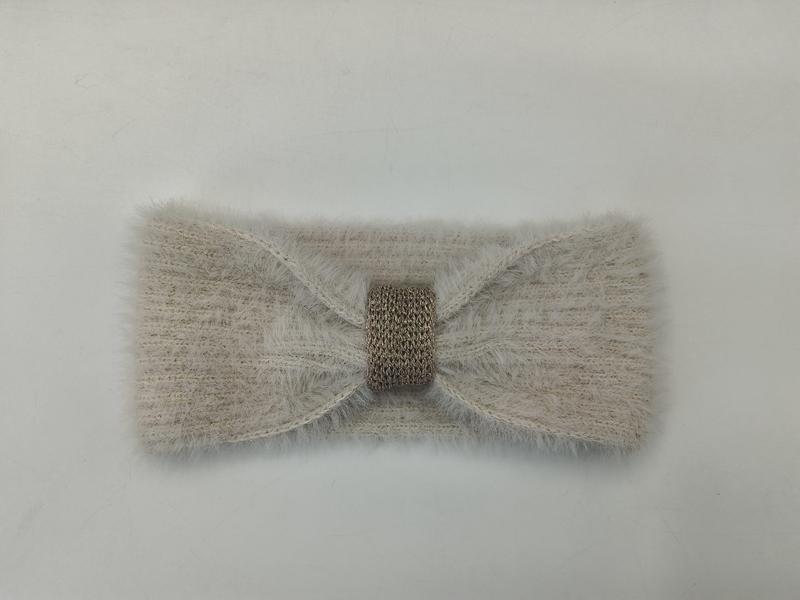 Beige pluizige gebreide oorwarmende haarband met gouden metallic haakmidden