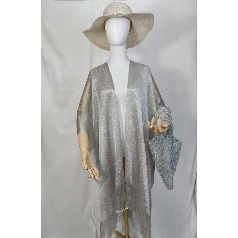 Zilveren metallic open kimono met franjezoom