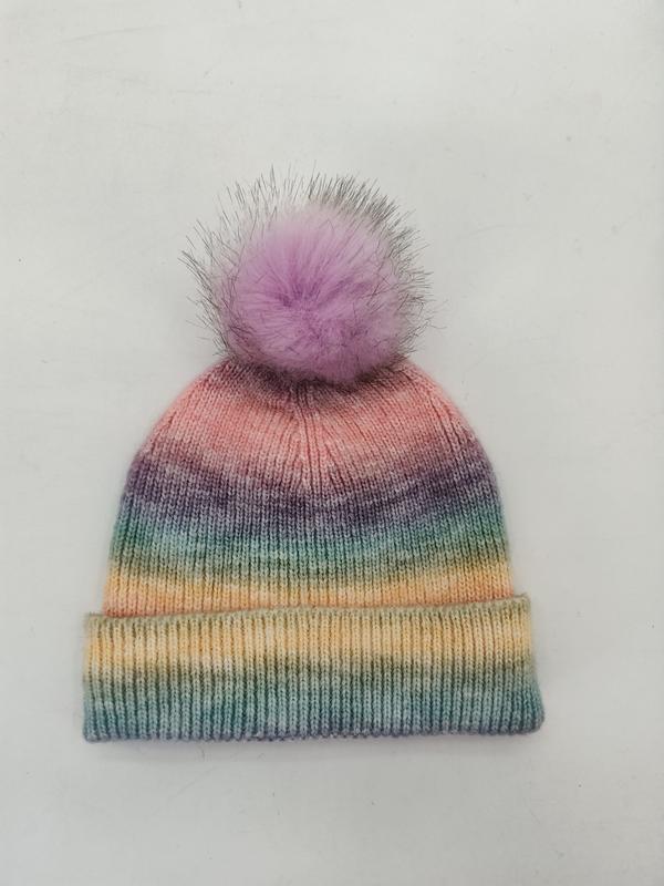 Gebreide beanie in pastel regenboogverloop met roze