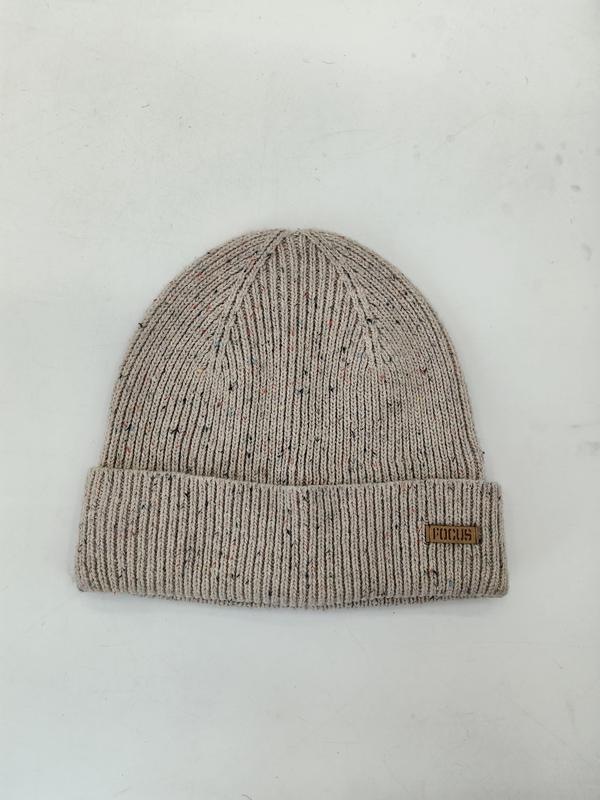 Havermoutkleurige geribbelde gebreide beanie met veelkleurige spikkels en omgeslagen rand