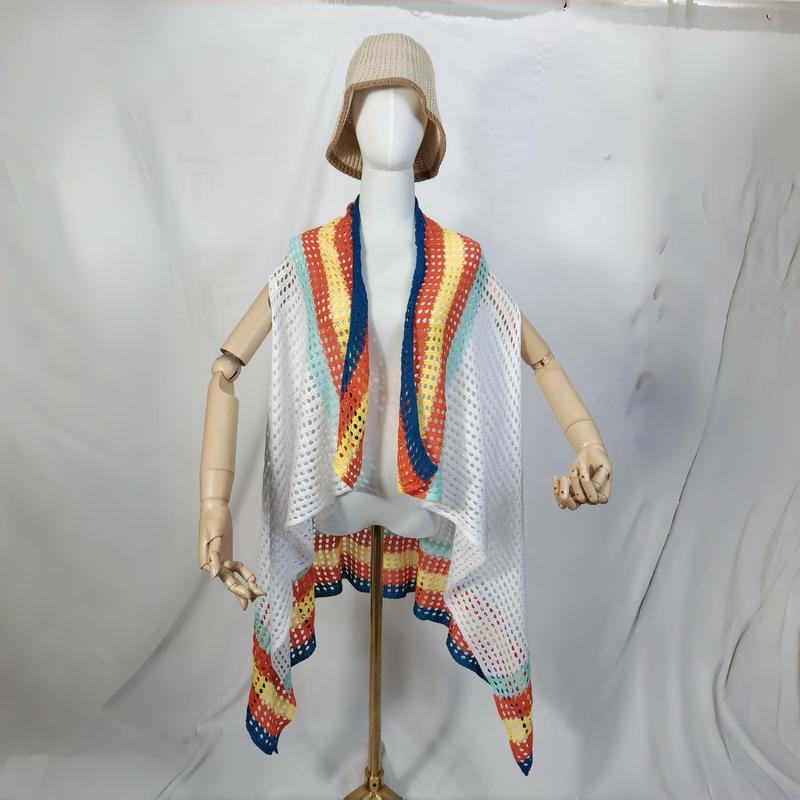Witte mouwloze gehaakte cardigan met regenboogstrepen in oranje