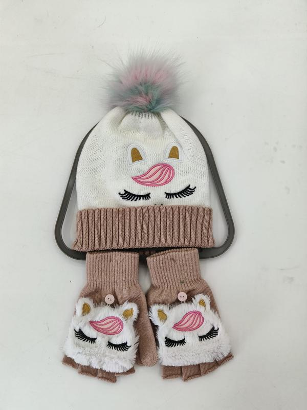 `Meisjes witte gebreide eenhoorn muts met pastelkleurige pompon en bijpassende beige vingerloze wanten set`