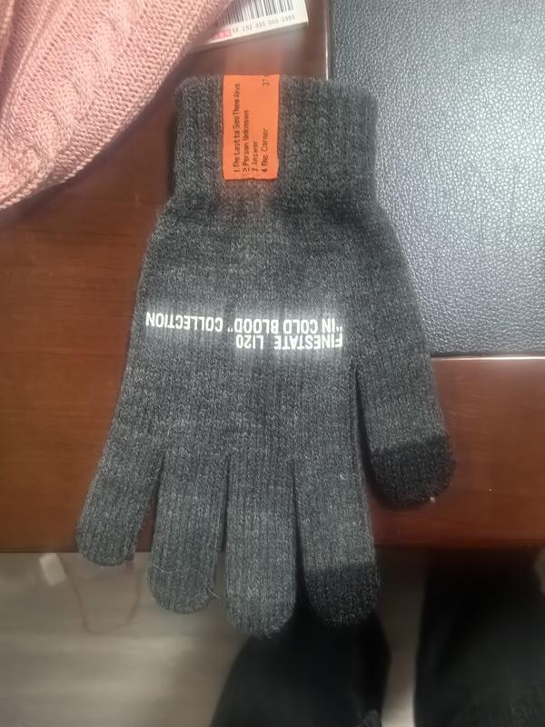 Donkergrijze gebreide winterhandschoenen met witte opdruk en touchscreen vingertoppen