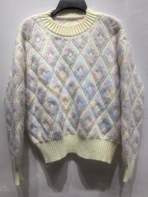 Crème fuzzy gebreide trui met pastel ruitpatroon roze blauw lavendel geel - groothandel