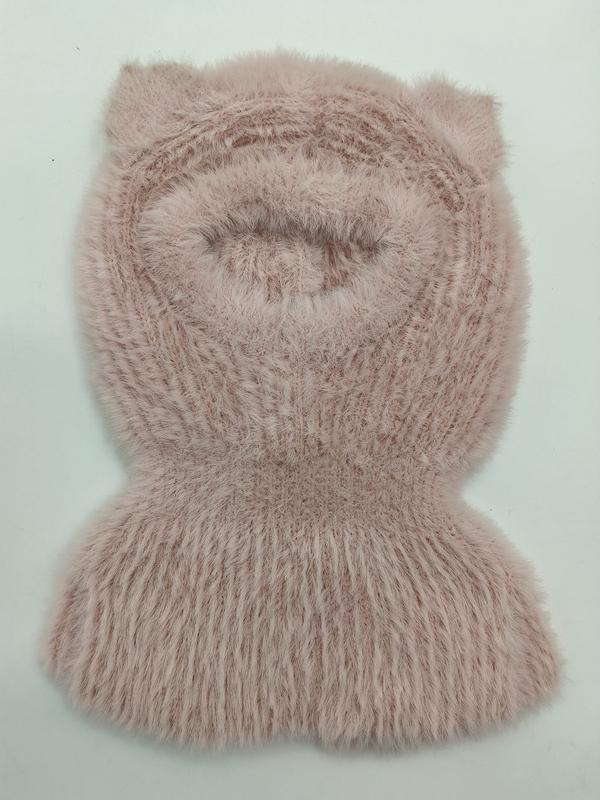 `Roze pluizige gebreide bivakmuts met kattenoortjes en geribbelde nekwarmer voor kinderen
