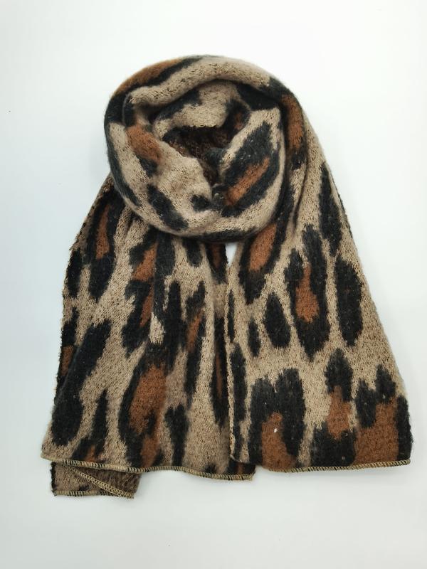 Opgerolde luipaardprint gebreide sjaal in beige