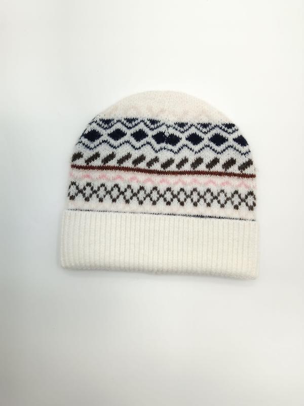 Crème gebreide muts met Fair Isle-patroon in marineblauw