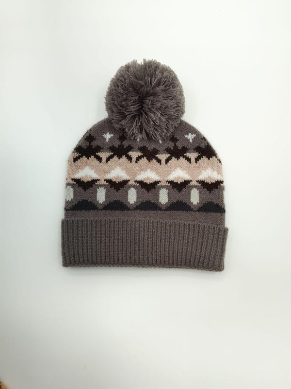 Grijze gebreide wintermuts met Fair Isle Nordic patroon in roze