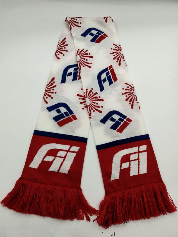 Gebreide supportsjaal rood-wit-blauw met herhaald logo en vuurwerkmotieven