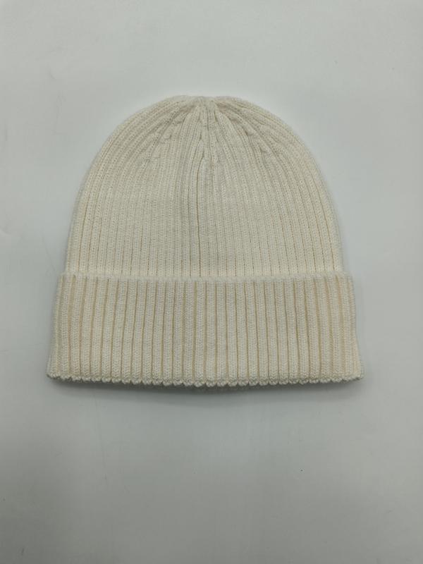 Crème geribde gebreide beanie muts met omgeslagen rand