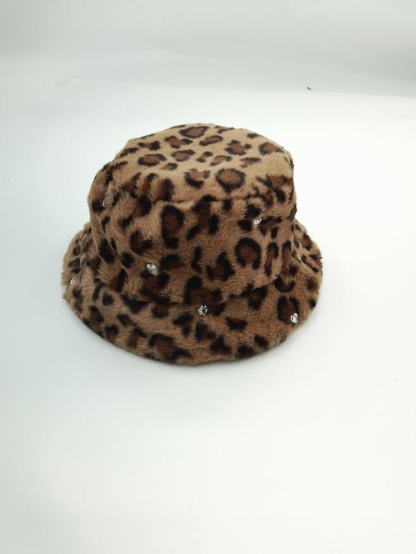 Beige luipaardprint bucket hat van imitatiebont met kristallen strass-steentjes